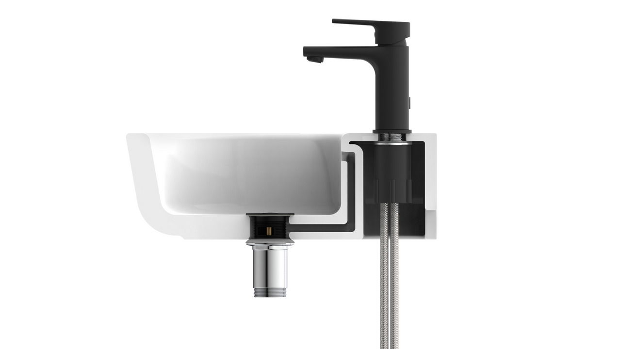 Querschnitt einer modernen Waschtischarmatur mit schwarzem Hebelgriff und sichtbaren Wasseranschlüssen.