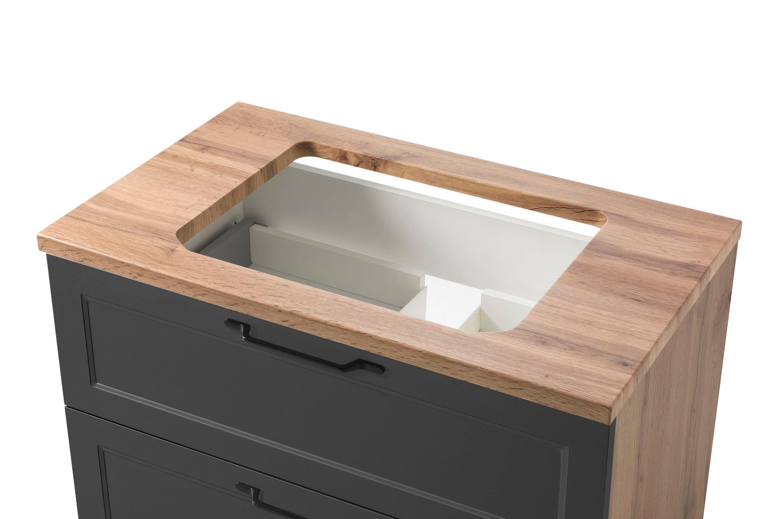 Waschtisch-Set mit Holzoberfläche und schwarzer Front, von oben betrachtet