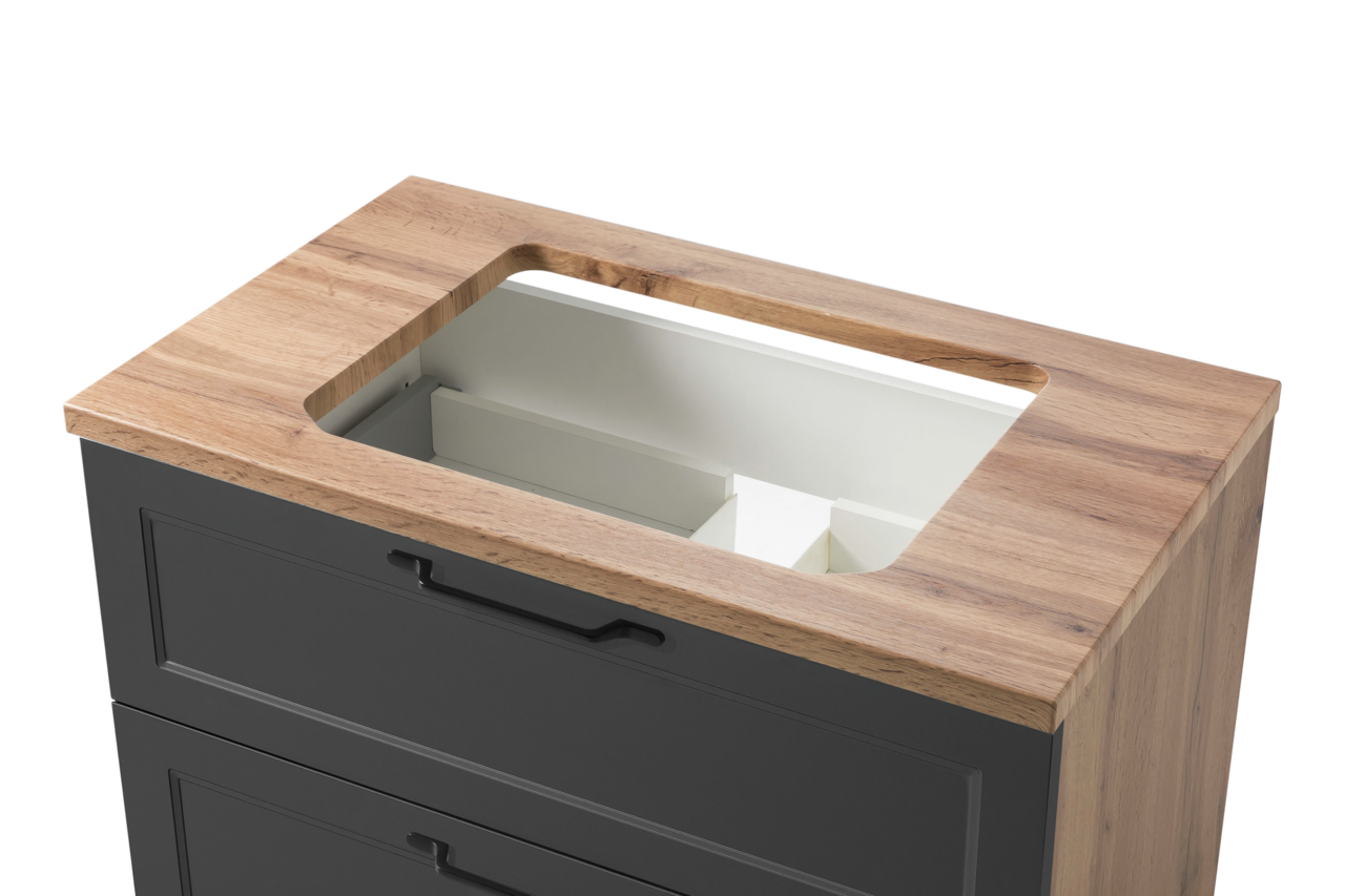 Waschtisch-Set mit Holzoberfläche und schwarzer Front, von oben betrachtet