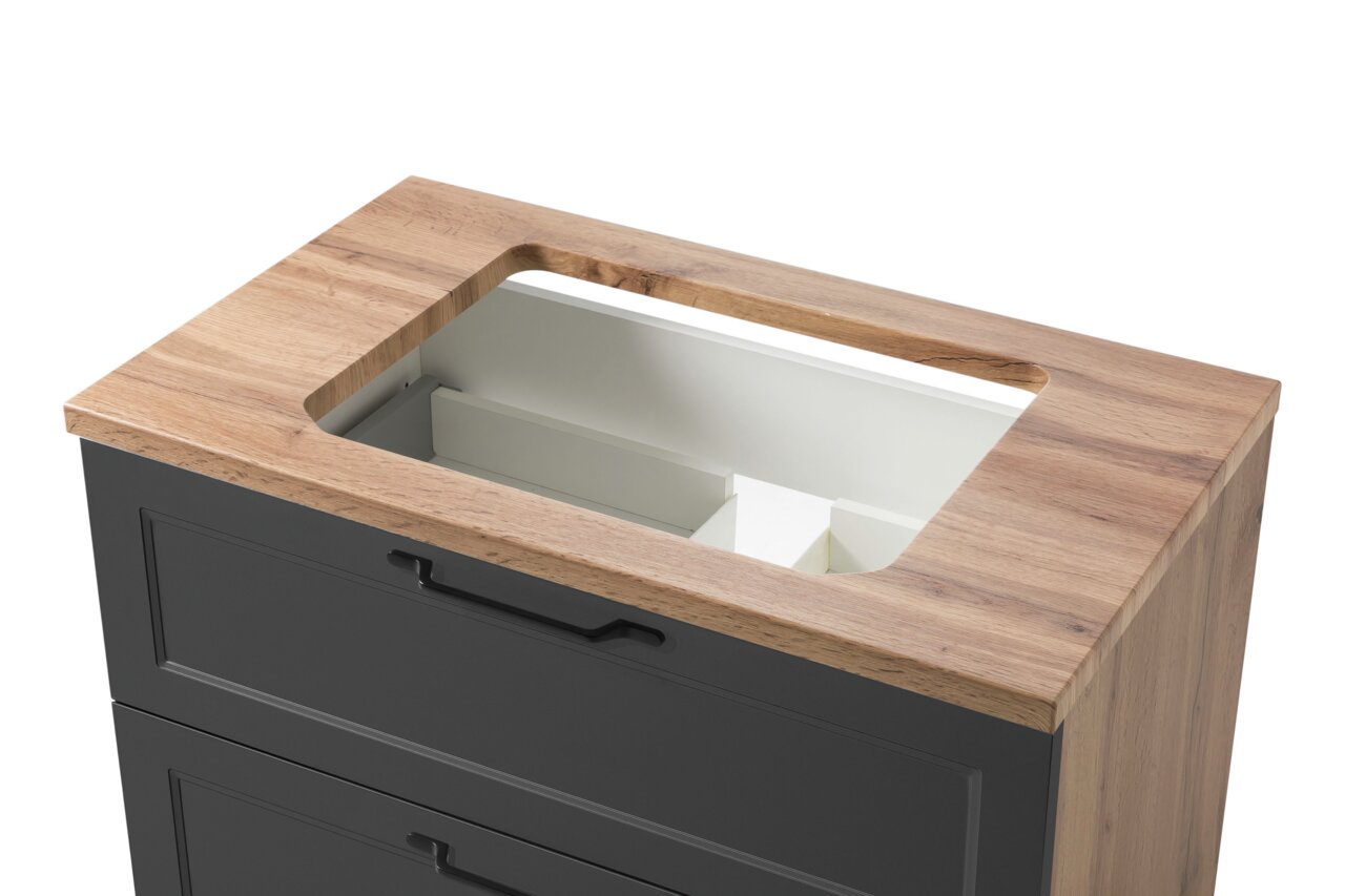 Wastafelset met houten blad en zwarte voorkant, gezien van bovenaf
