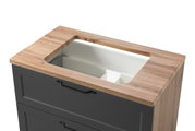 Wastafelset met houten blad en zwarte voorkant, gezien van bovenaf