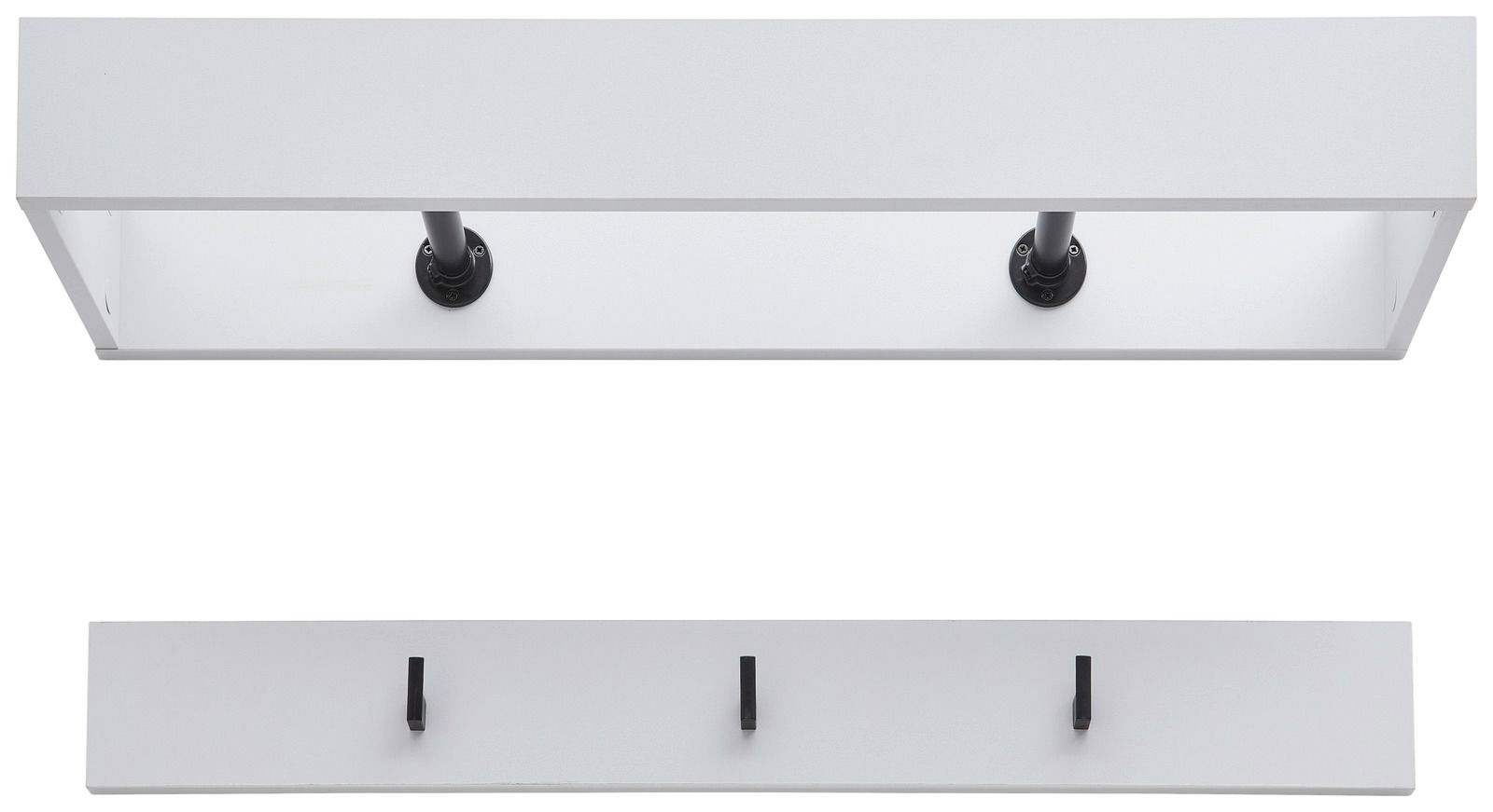 Garderobenpaneel-Set in Weiß mit drei schwarzen Haken, Ansicht von vorne und unten.