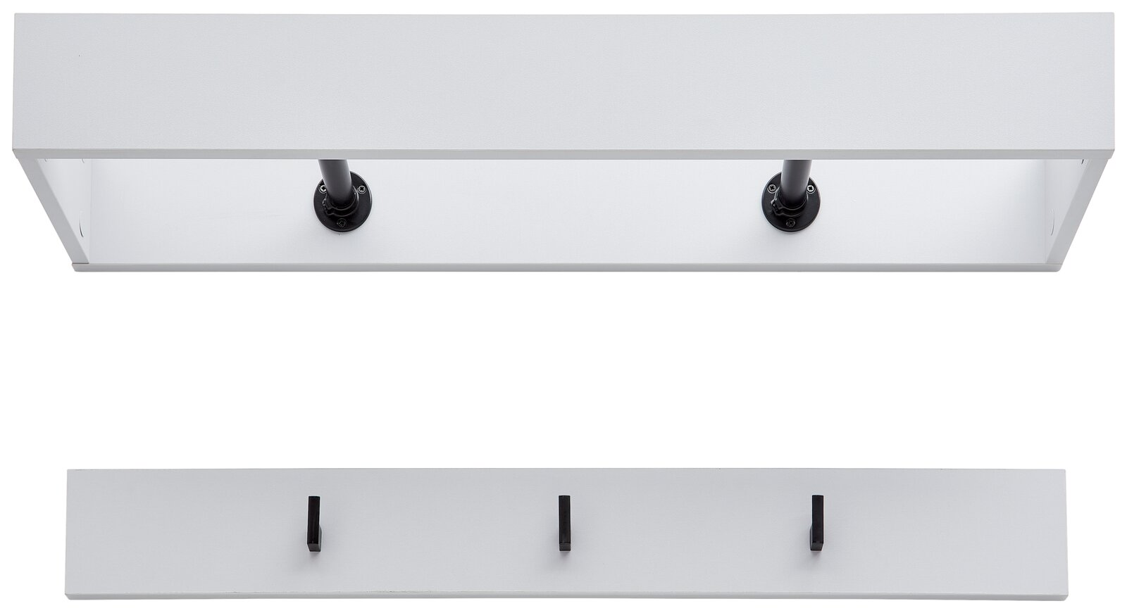 Garderobenpaneel-Set in Weiß mit drei schwarzen Haken, Ansicht von vorne und unten.