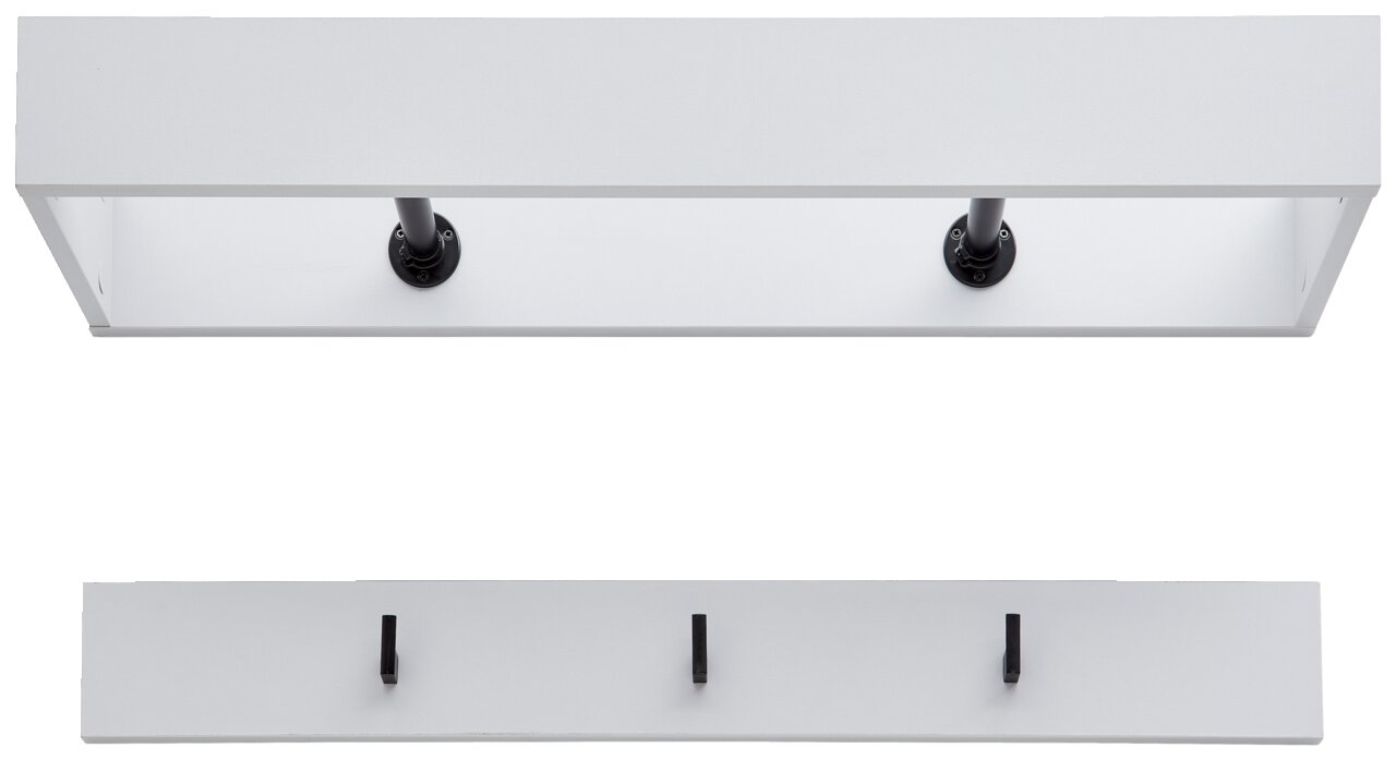 Garderobenpaneel-Set in Weiß mit drei schwarzen Haken, Ansicht von vorne und unten.