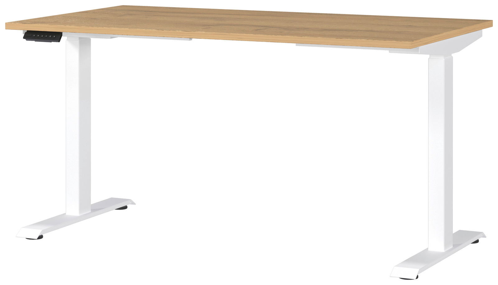 Elektrisch höhenverstellbarer Schreibtisch mit Holzplatte und weißen Metallbeinen, seitliche Perspektive