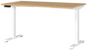 Elektrisch höhenverstellbarer Schreibtisch mit Holzplatte und weißen Metallbeinen, seitliche Perspektive