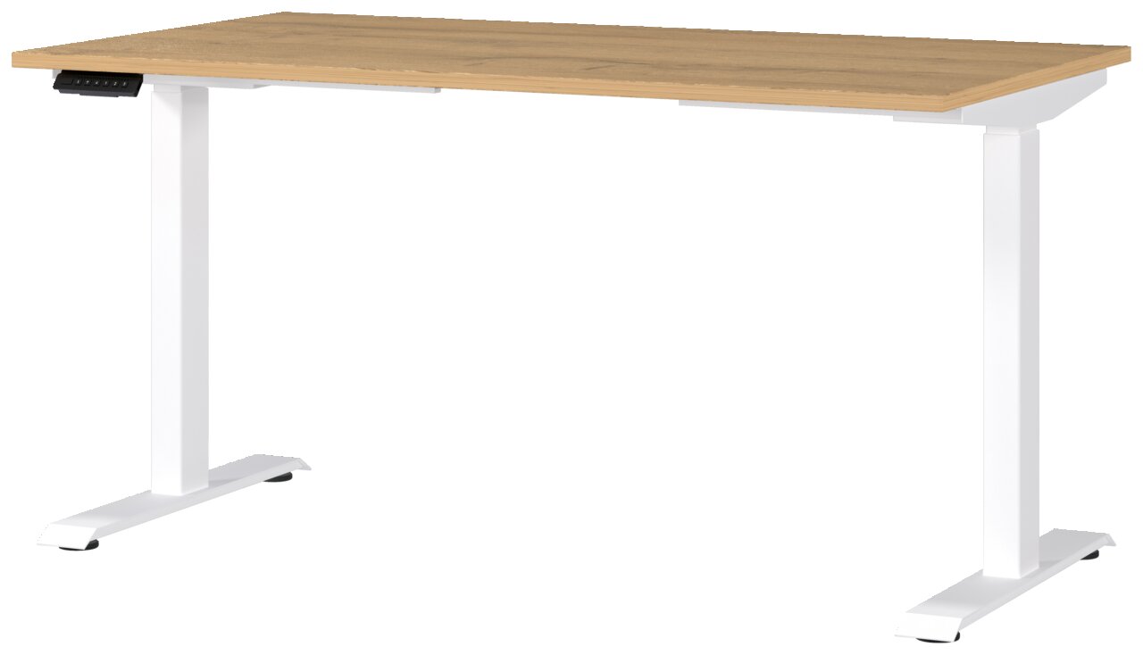 Elektrisch höhenverstellbarer Schreibtisch mit Holzplatte und weißen Metallbeinen, seitliche Perspektive