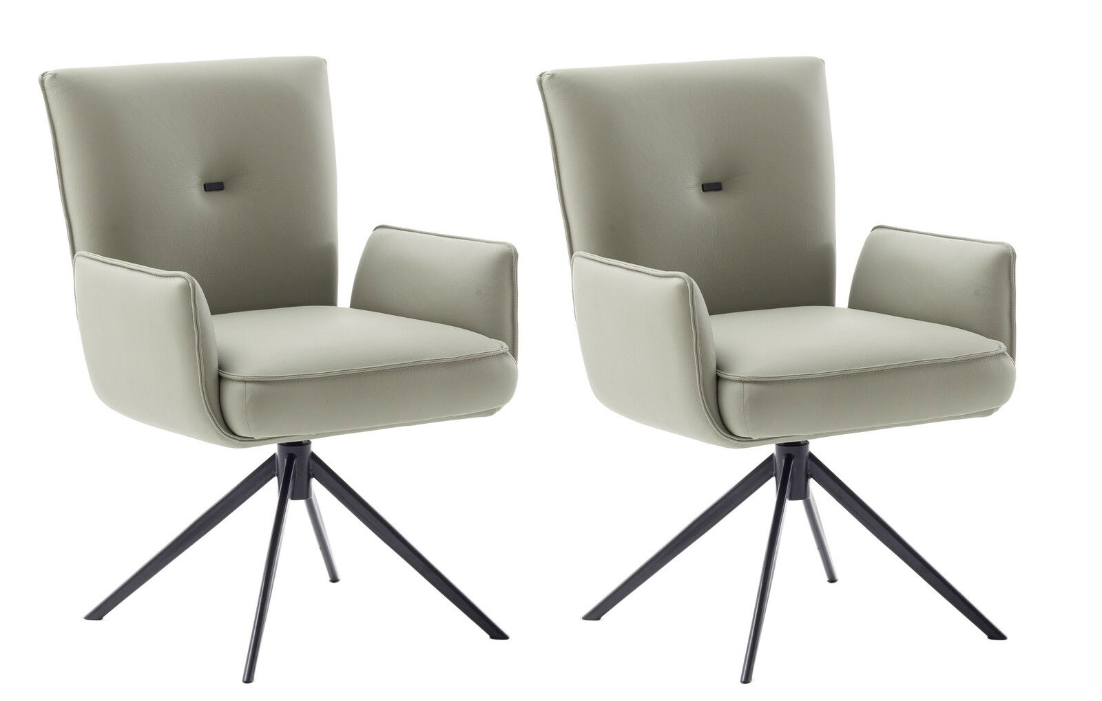 Zwei moderne, hellgraue Sessel mit schwarzen Metallbeinen, seitliche Perspektive