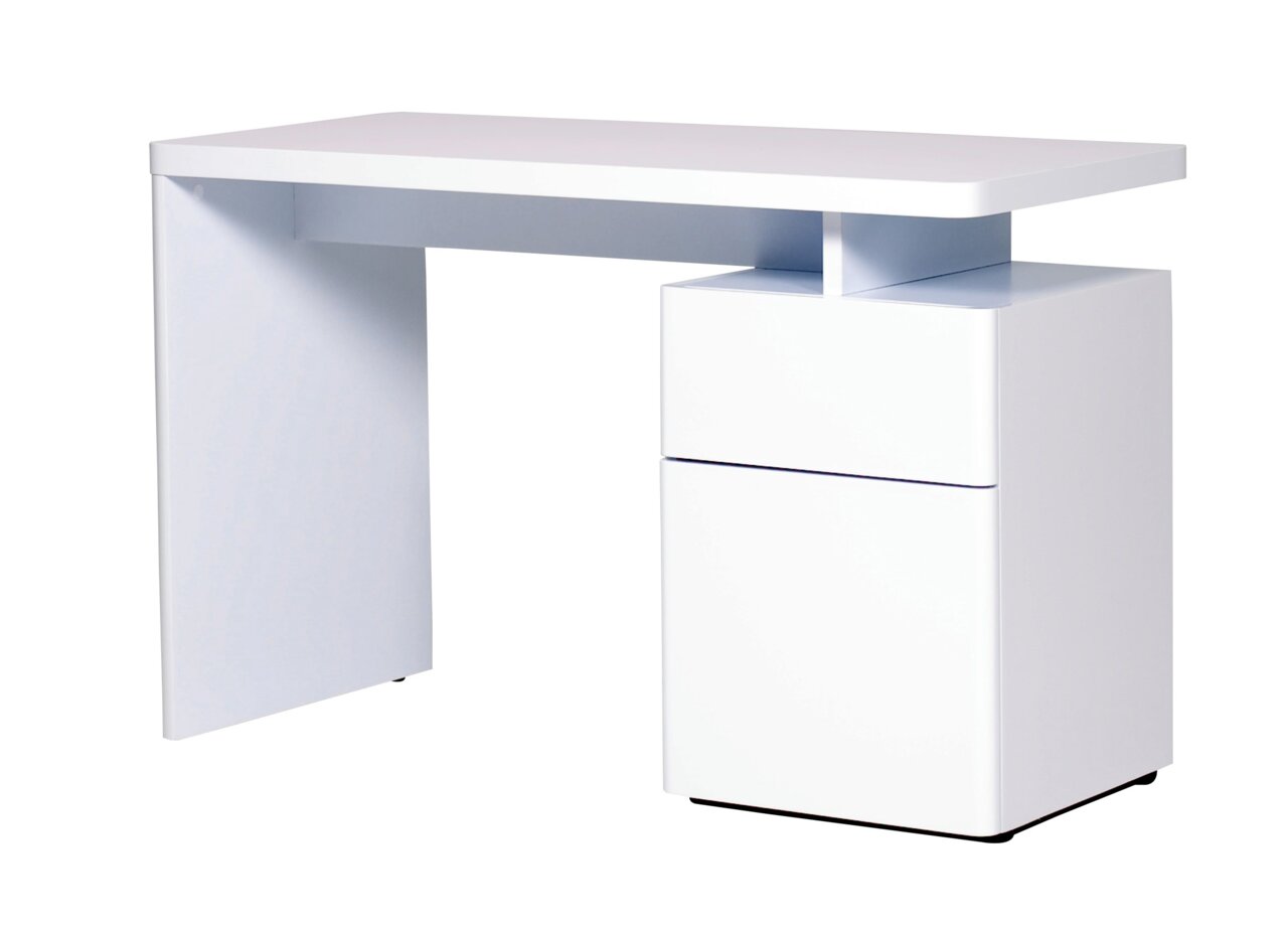Moderner weißer Schreibtisch mit Schubladen, seitliche Perspektive