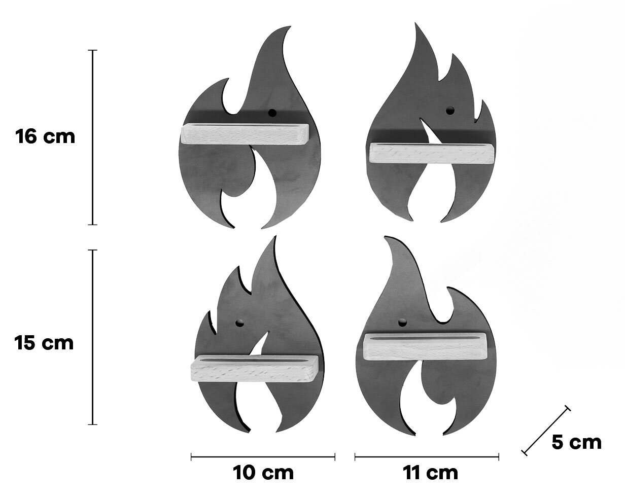 Vier flammenförmige Wandregale/Schlüsselhalter aus schwarzem Metall mit heller Holzablage, Maße ca. 15–16 cm hoch, 10–11 cm breit und 5 cm tief, in frontaler Ansicht auf weißem Hintergrund.