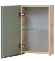 Hängeschrank mit geöffneter Tür, Holzrahmen und Glasablage, Perspektive von vorne