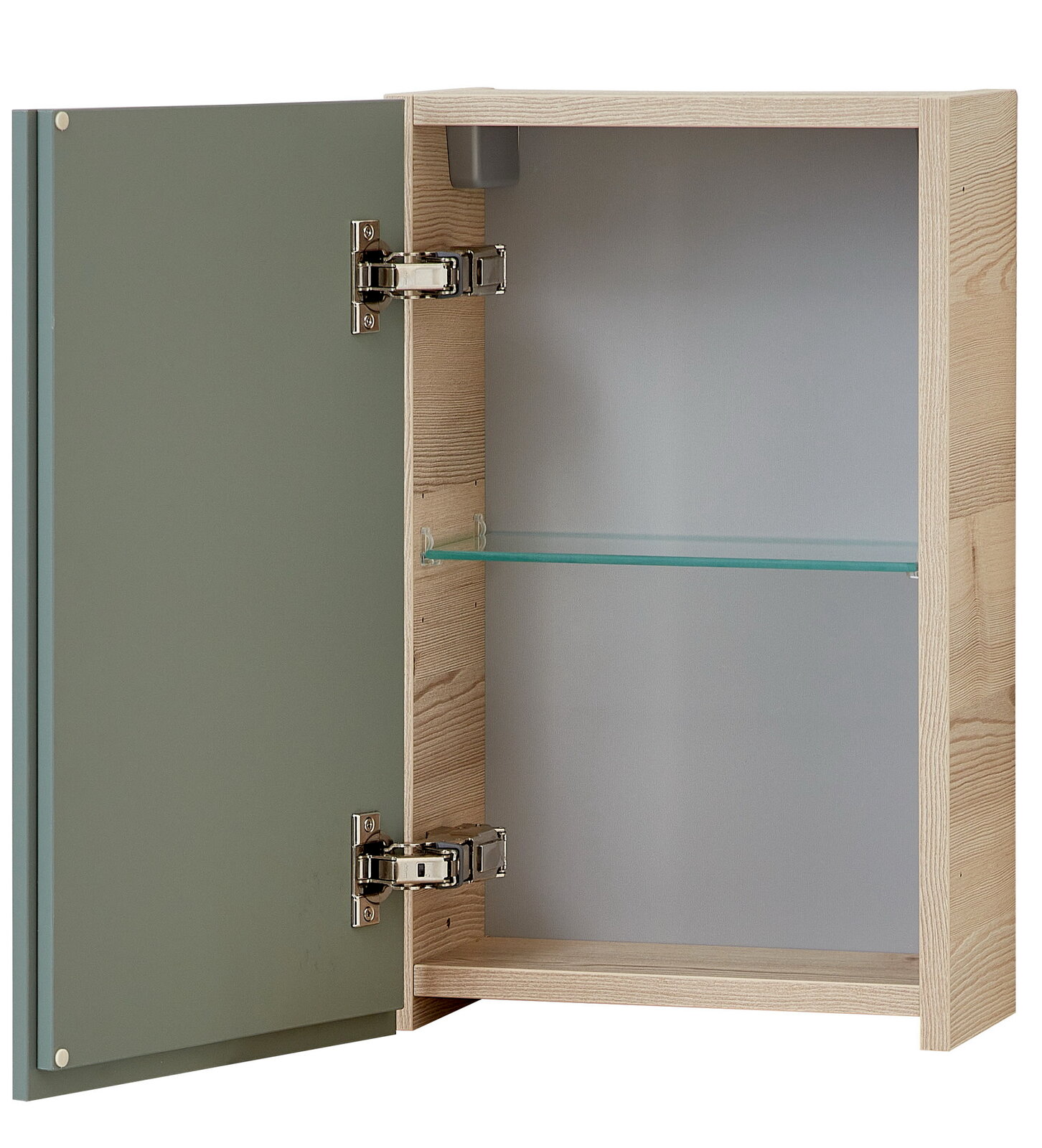 Hängeschrank mit geöffneter Tür, Holzrahmen und Glasablage, Perspektive von vorne