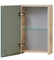 Hängeschrank mit geöffneter Tür, Holzrahmen und Glasablage, Perspektive von vorne