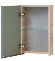 Hängeschrank mit geöffneter Tür, Holzrahmen und Glasablage, Perspektive von vorne