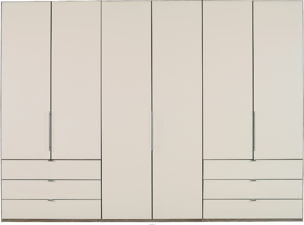 Moderner Falttürenschrank in heller Farbe mit mehreren Türen und Schubladen, frontale Ansicht.