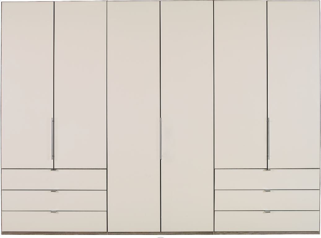 Venda Falttürenschrank LOFT Moderner Falttürenschrank in heller Farbe mit mehreren Türen und Schubladen, frontale Ansicht.