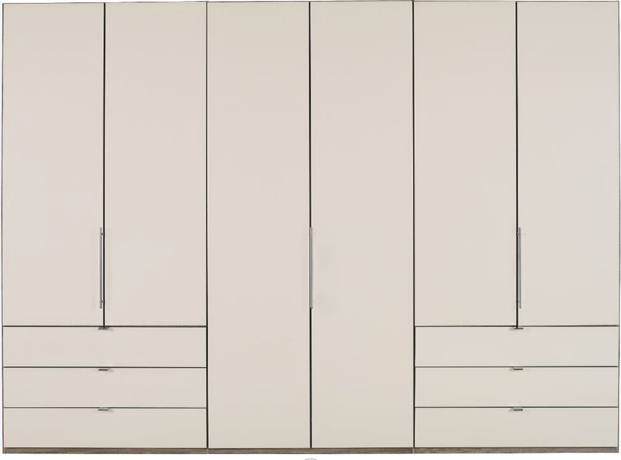 Venda Falttürenschrank LOFT Moderner Falttürenschrank in heller Farbe mit mehreren Türen und Schubladen, frontale Ansicht.