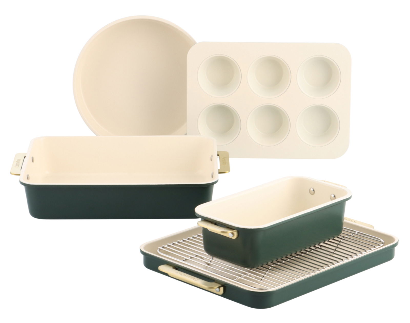GreenPan Backformen Set 6-tlg. PADOVA Backformen Set 6-tlg. in verschiedenen Formen und Größen, aus cremefarbenem und grünem Material, aus der Vorderansicht.