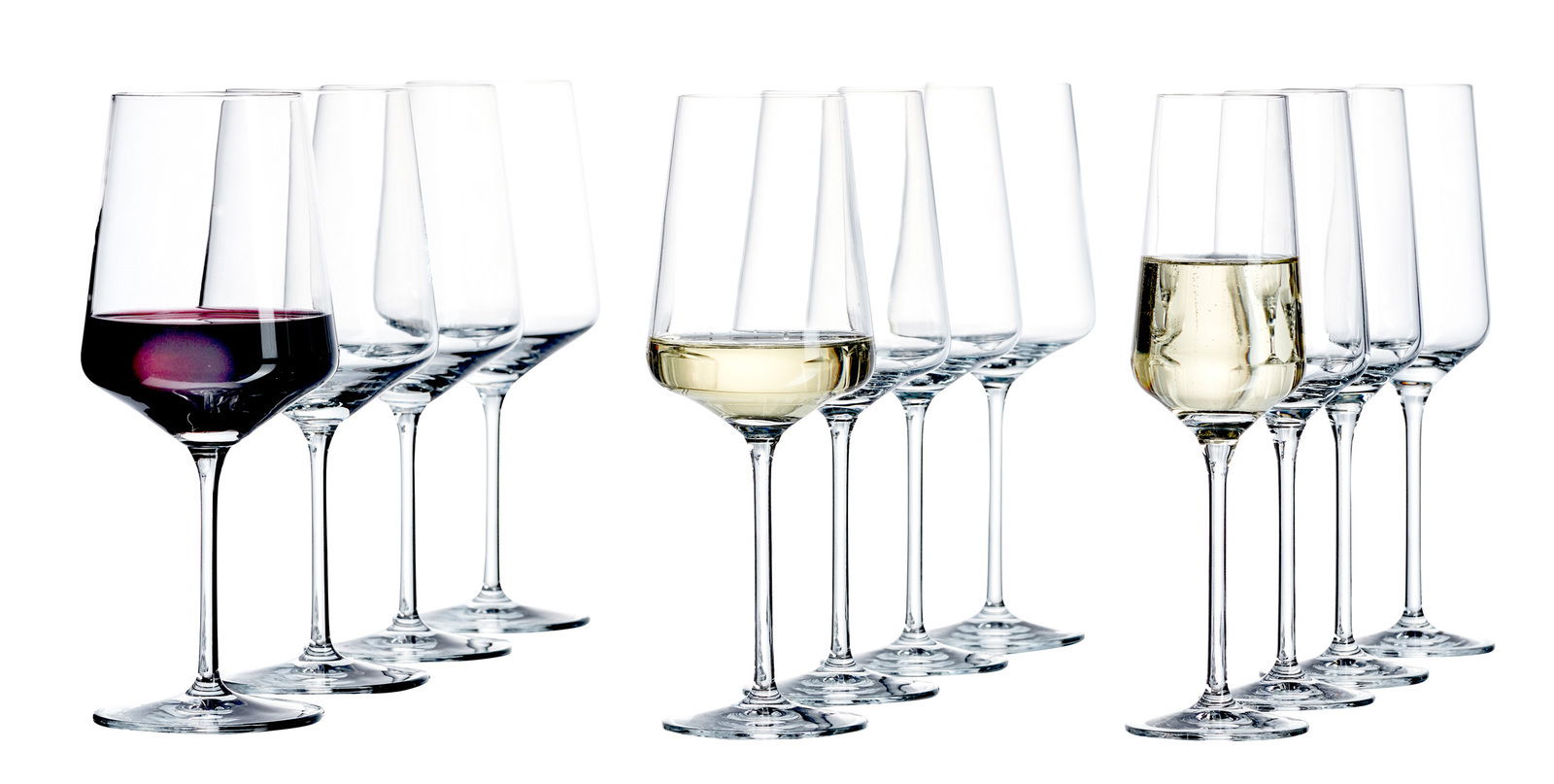 Set aus zwölf eleganten Weingläsern in Lichtweiß, gefüllt mit Rot- und Weißwein, seitliche Perspektive
