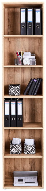 Regal mit 6 Fächern, gefüllt mit Ordnern und Büromaterialien, aus Holz, frontale Ansicht