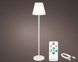 LED Bodenlampe in Weiß mit Fernbedienung und USB-Kabel, seitliche Perspektive