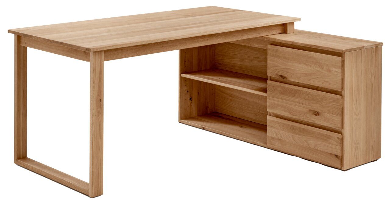 Linea Natura Anbauschreibtischkombination DURABLE OFFICE Anbauschreibtischkombination aus Holz mit Schubladen und Regalfächern, seitliche Perspektive