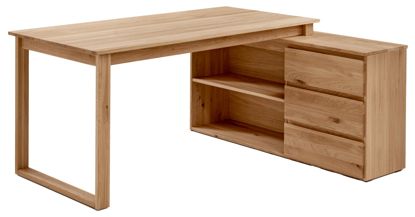 Anbauschreibtischkombination aus Holz mit Schubladen und Regalfächern, seitliche Perspektive