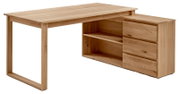 Anbauschreibtischkombination aus Holz mit Schubladen und Regalfächern, seitliche Perspektive