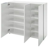 Weißer XL-Schuhschrank mit offenen Türen, zeigt mehrere Regalböden, perspektivisch von vorne links betrachtet.