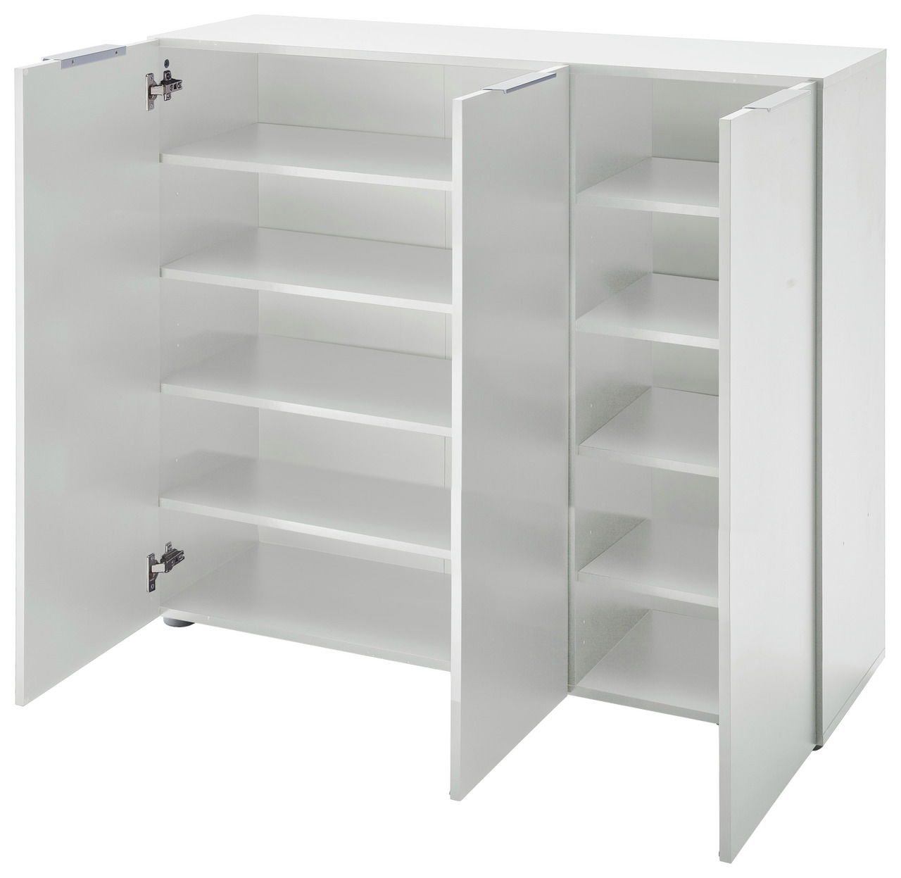 Weißer XL-Schuhschrank mit offenen Türen, zeigt mehrere Regalböden, perspektivisch von vorne links betrachtet.