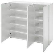 Weißer XL-Schuhschrank mit offenen Türen, zeigt mehrere Regalböden, perspektivisch von vorne links betrachtet.