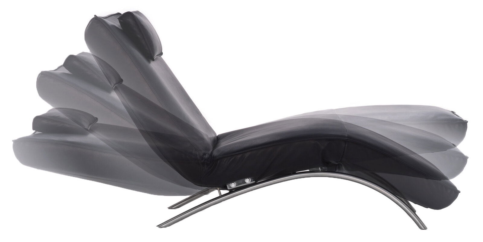 Verstellbare schwarze Liege mit geschwungenem Metallgestell, seitliche Ansicht