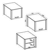 Zeichnung eines Schrankaufsatzes mit den Maßen 702 mm Breite, 604 mm Höhe und 600 mm Tiefe, perspektivisch von vorne und seitlich dargestellt.