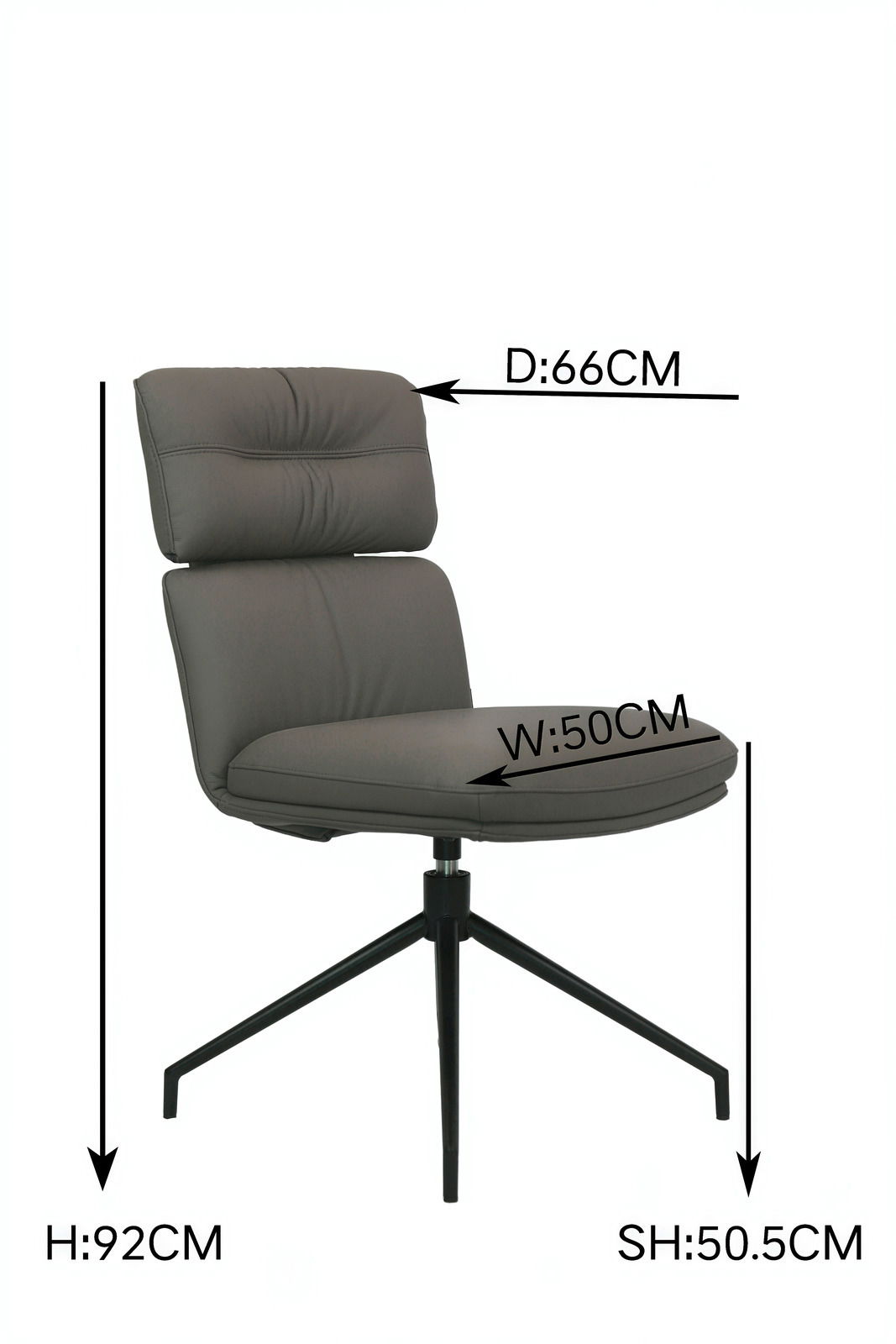 Moderner grauer Stuhl mit gepolsterter Rückenlehne und Sitzfläche, auf schwarzem Metallgestell, seitliche Perspektive.