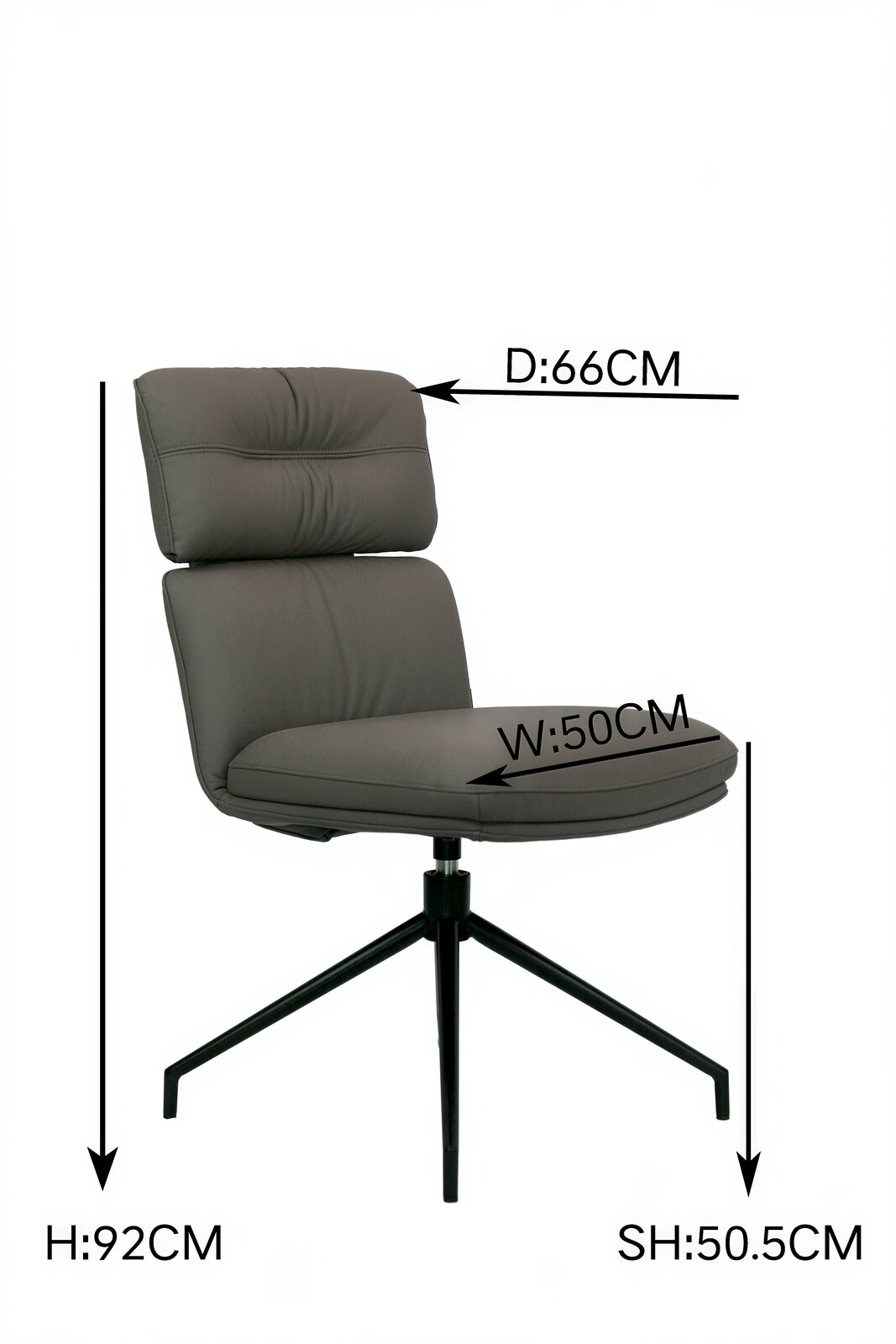 Moderner grauer Stuhl mit gepolsterter Rückenlehne und Sitzfläche, auf schwarzem Metallgestell, seitliche Perspektive.