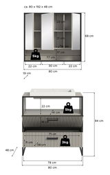 Frontale Ansicht einer Badkombination mit Spiegelschrank und Waschbeckenunterschrank, Maße ca. 80 x 192 x 48 cm, mit Gewichtskapazitäten von 5 kg und 3 kg.