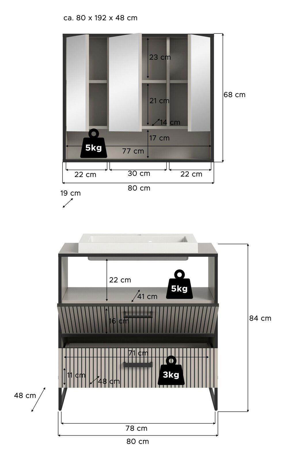 Frontale Ansicht einer Badkombination mit Spiegelschrank und Waschbeckenunterschrank, Maße ca. 80 x 192 x 48 cm, mit Gewichtskapazitäten von 5 kg und 3 kg.