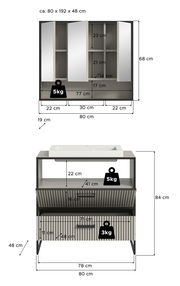 Frontale Ansicht einer Badkombination mit Spiegelschrank und Waschbeckenunterschrank, Maße ca. 80 x 192 x 48 cm, mit Gewichtskapazitäten von 5 kg und 3 kg.