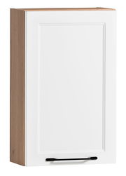 Hängeschrank mit weißer Tür und Holzrahmen, Frontansicht