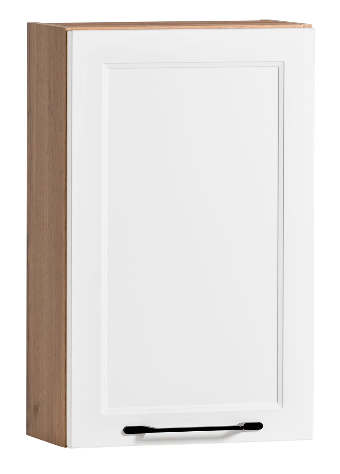 Hängeschrank mit weißer Tür und Holzrahmen, Frontansicht