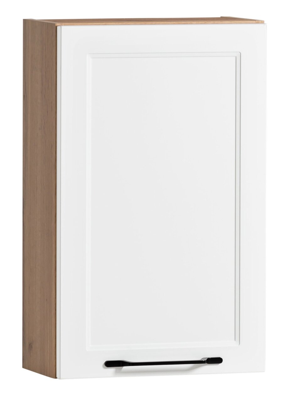 Hängeschrank mit weißer Tür und Holzrahmen, Frontansicht