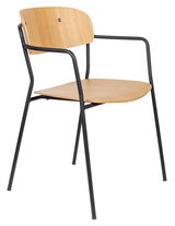 Moderner Armlehnenstuhl aus Holz und Metall, seitliche Perspektive