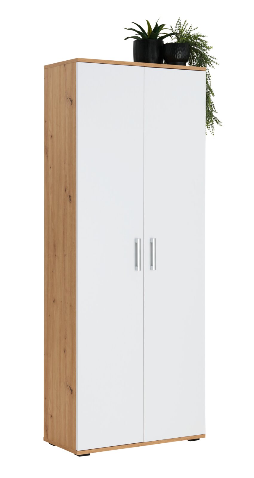 XORA XL-Schuhschrank ALEX Moderner XL-Schuhschrank mit weißer Front und Holzseiten, frontal fotografiert, mit Pflanzen dekoriert.