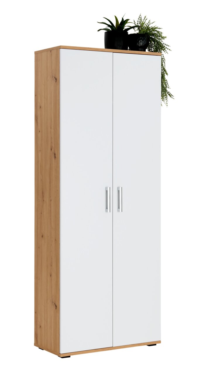XORA XL-schoenenkast ALEX Moderne XL-schoenenkast met witte voorkant en houten zijkanten, gefotografeerd van voren, versierd met planten.