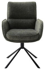 Moderner Armlehnstuhl mit dunkelgrünem Stoffbezug und schwarzem Metallgestell, Frontalansicht