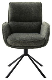 Moderner Armlehnstuhl mit dunkelgrünem Stoffbezug und schwarzem Metallgestell, Frontalansicht