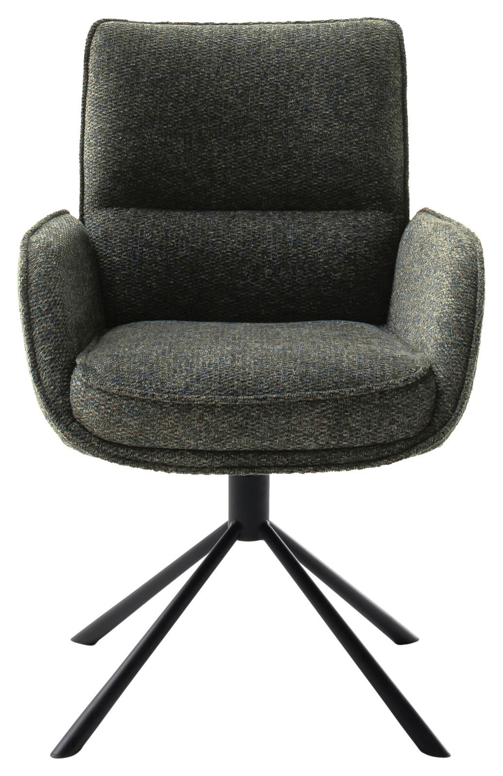 Moderner Armlehnstuhl mit dunkelgrünem Stoffbezug und schwarzem Metallgestell, Frontalansicht