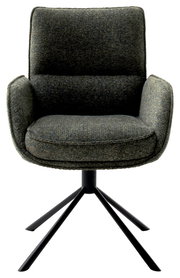 Moderner Armlehnstuhl mit dunkelgrünem Stoffbezug und schwarzem Metallgestell, Frontalansicht