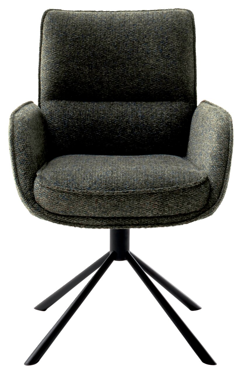 Moderne fauteuil met donkergroene stoffen bekleding en een zwart metalen frame, vooraanzicht
