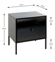 Schwarzer Nachttisch/Beistellschrank aus Metall mit offenem Ablagefach und perforierter Klapptür, Maße ca. 45 x 35 x 50 cm, dargestellt in schräger Frontansicht von oben.